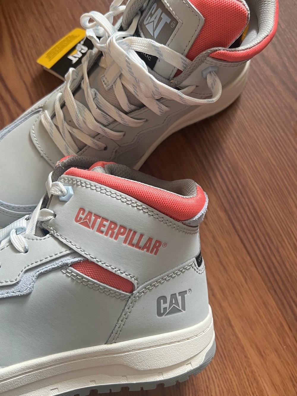 Caterpillar Light Gray and Coral High-Top Work Sneakers steel toe, size 6.5